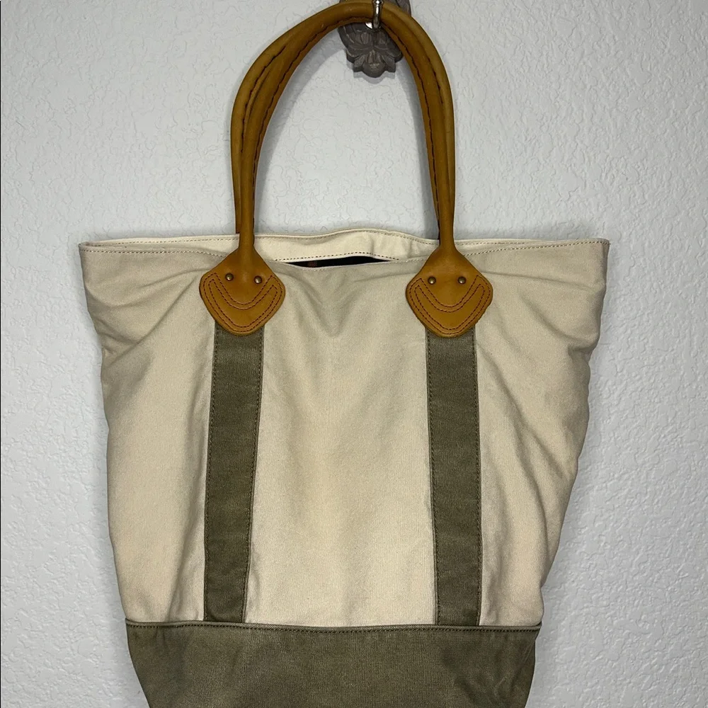 LL Bean Canvas Tote Bag with Tan Leather Handles - Picture 4 of 9
